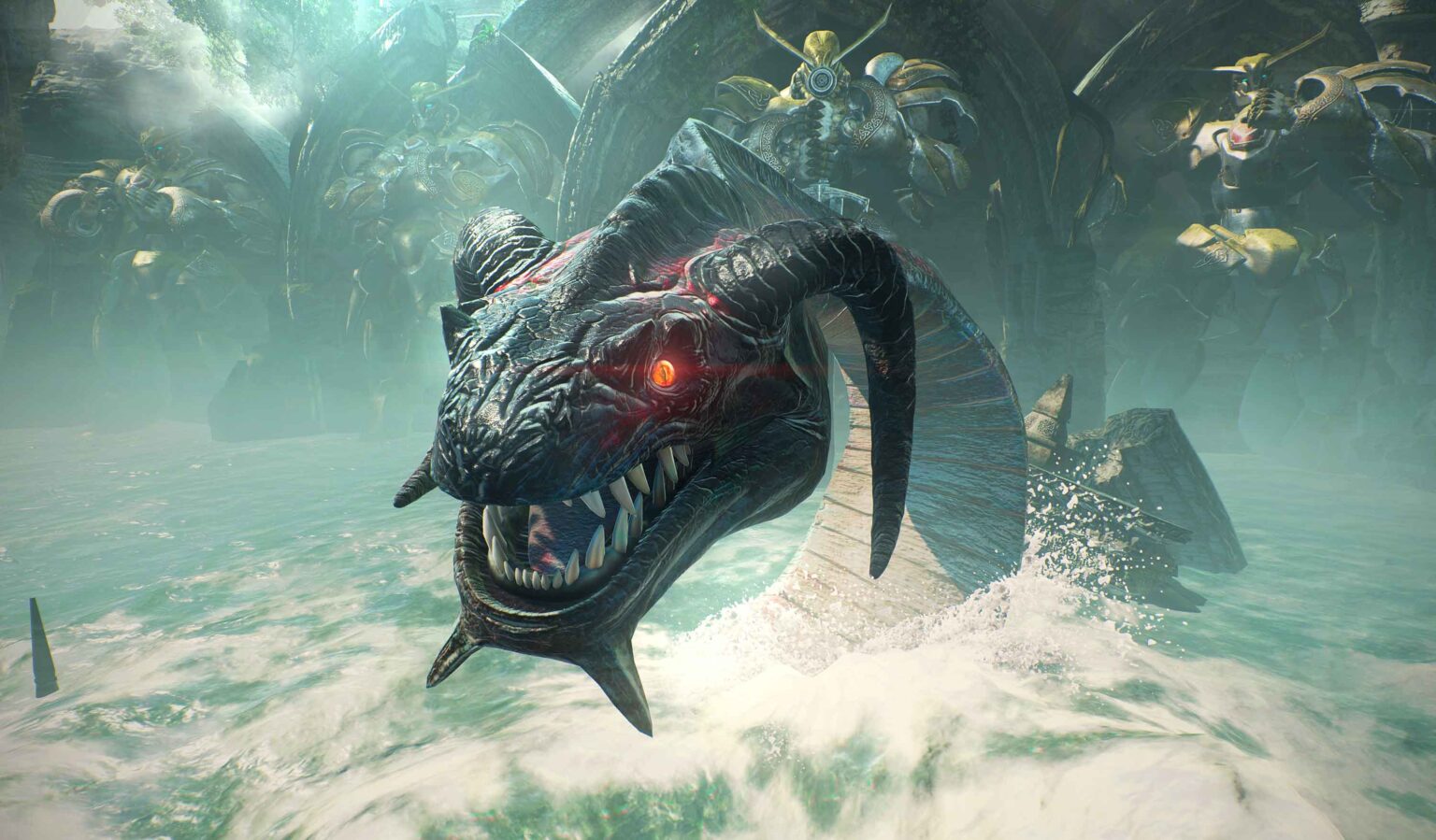 Crowe key art: a fanged sea serpent with glowing red eyes lunging through churning water