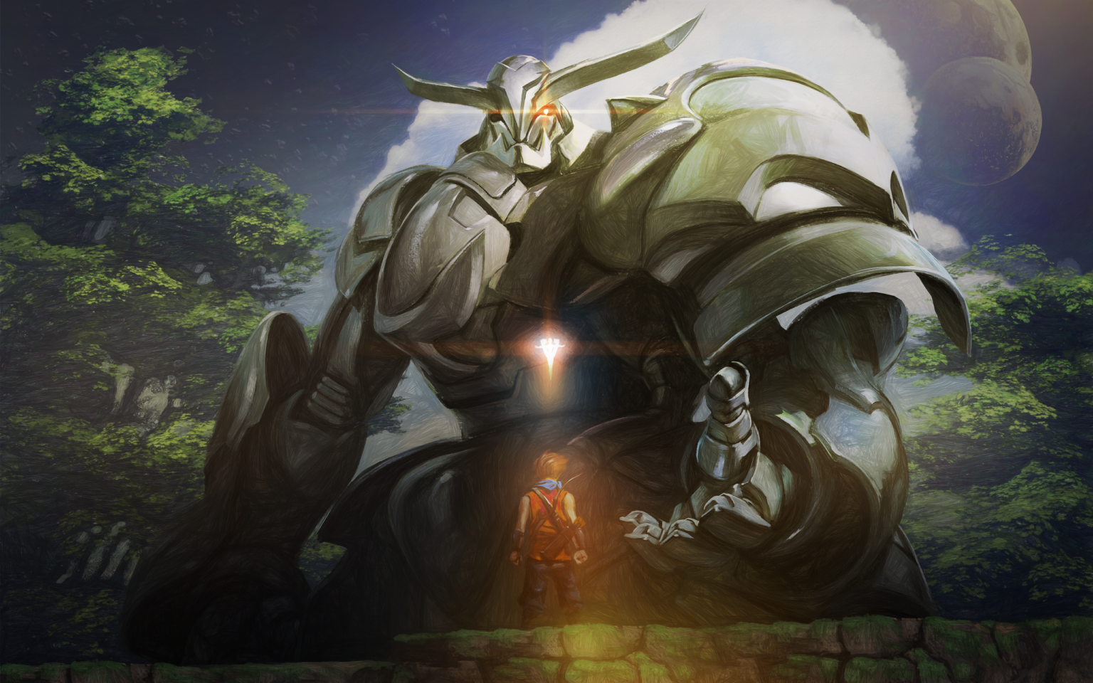 Crowe: The Drowned Armory, a towering armored machine looms over a lone figure holding a light in a misty forest