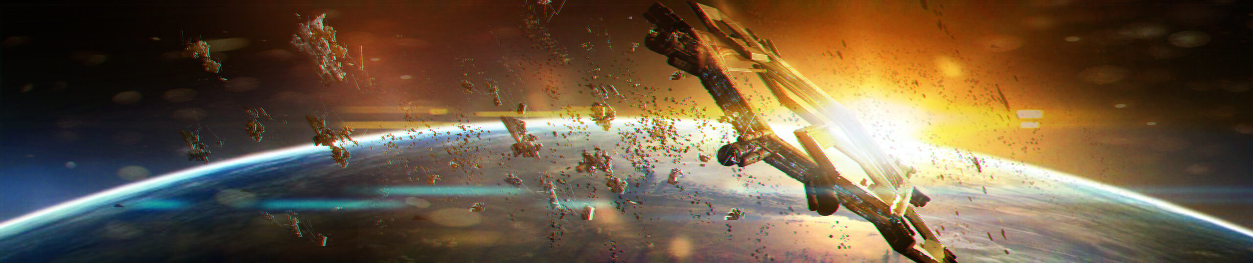 A starship drifts through a field of debris above a glowing planet horizon