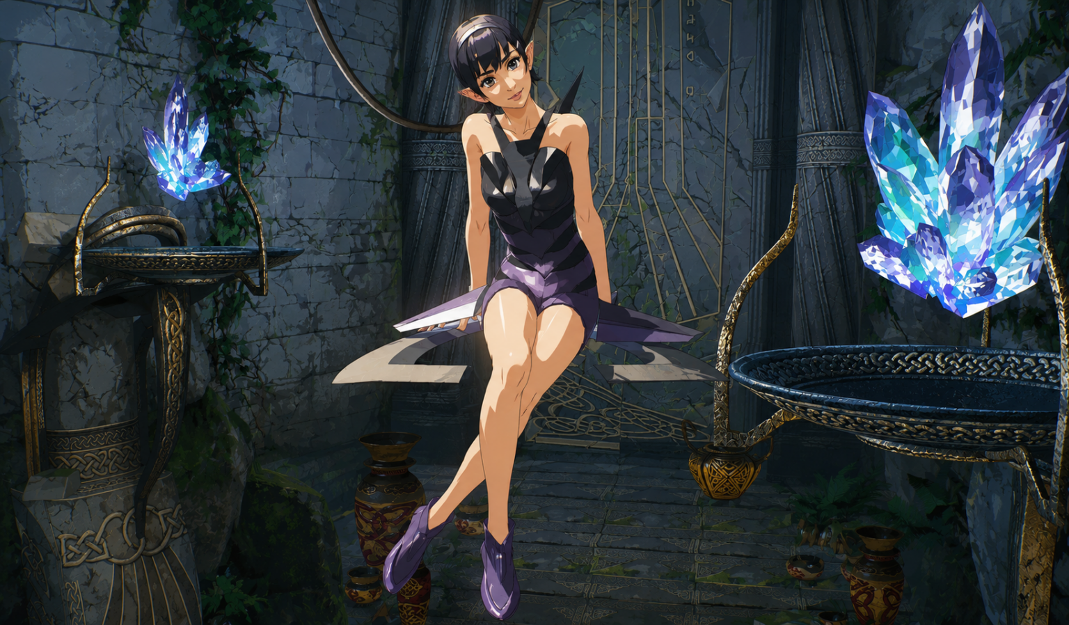 Ami, a Rogue Initiative character, seated on a stone ledge between glowing blue crystals
