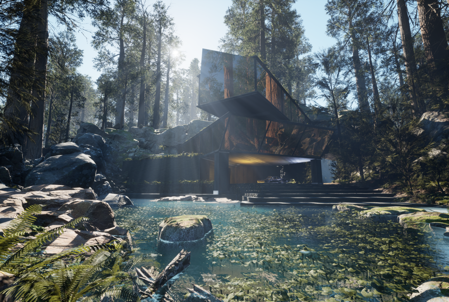A modern glass cabin in a misty forest clearing beside a rocky stream