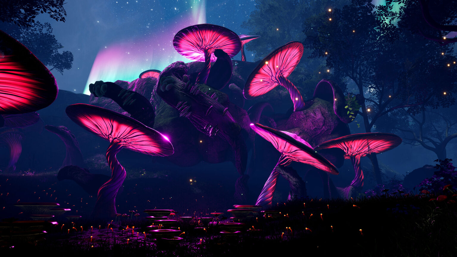 A bioluminescent mushroom forest that reacts to voices and sound
