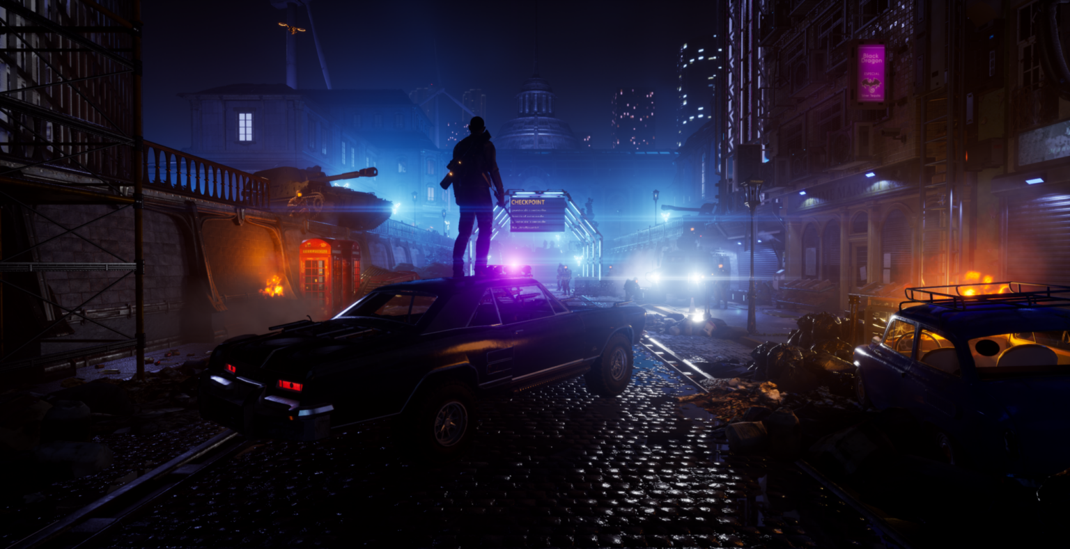 Pathfinder checkpoint: a lone figure stands atop a vehicle at a neon-lit night checkpoint in a ruined city street