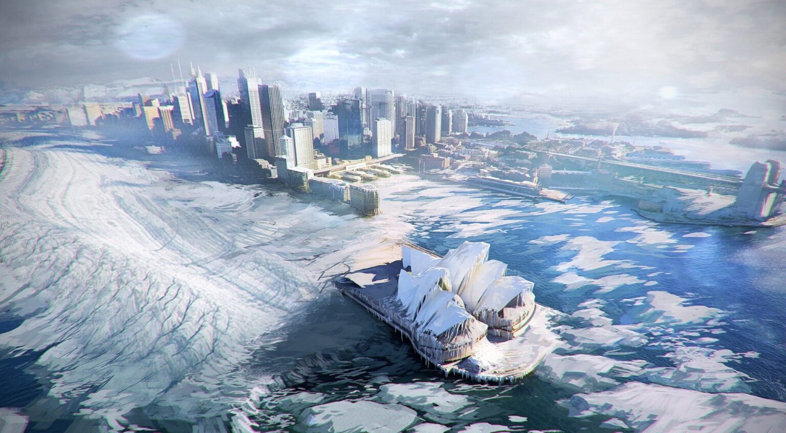 Sydney frozen over, the Opera House locked in sea ice beneath the city skyline